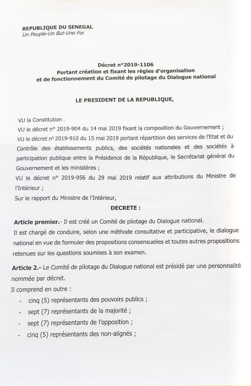 Conduite du dialogue national : Le président Macky Sall crée un comité de pilotage dirigée par une personnalité nommée par Décret. (DOCUMENT)